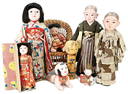 mixed lot of asiatic muschelkalk dolls, 45 cm, 3 pieces, with accessories , wood plaited armchairs,