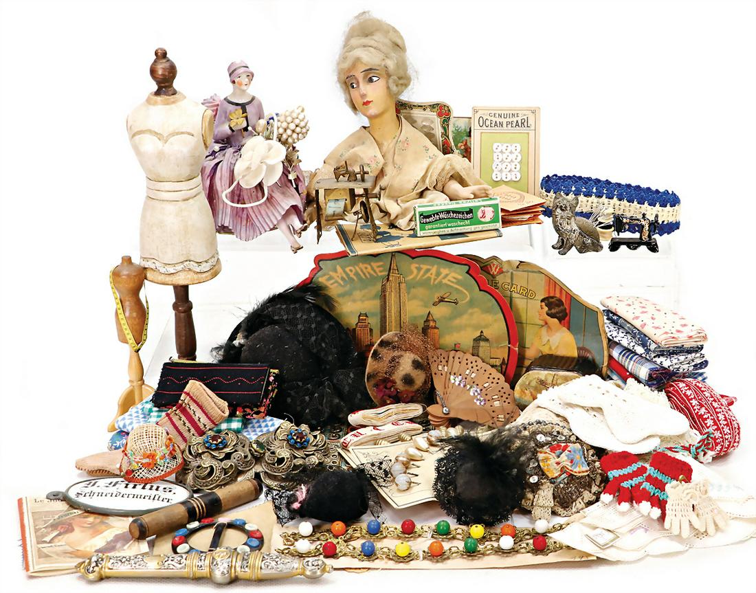 mixed lot of richly accessories for a fashion shop, fabrics, buttons, thread, bust, tins, small (1 of 1)