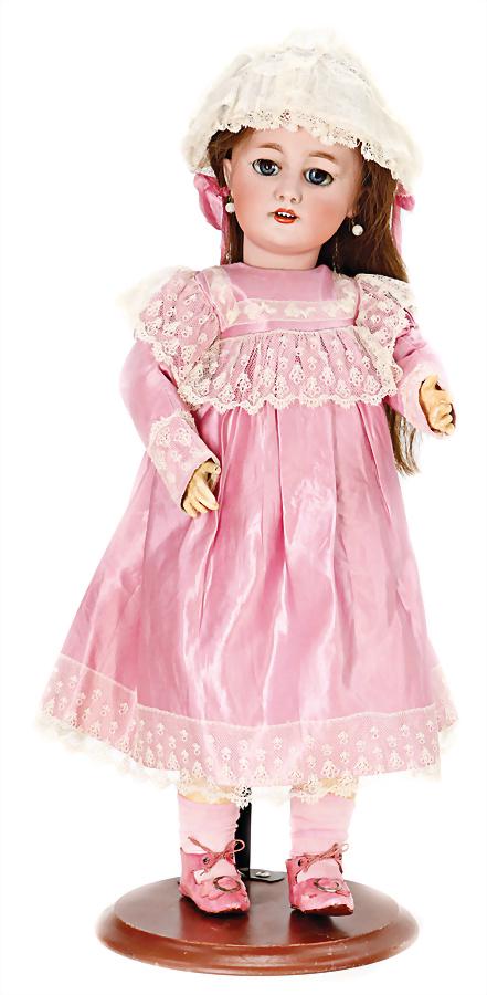 bisque porcelain socket head, marked DEP, blue sleepy eyes, opened mouth, line of upper teeth,: bisque porcelain socket head, marked DEP, blue sleepy eyes, opened mouth, line of upper teeth, pierced ears, French jointed body, clothes resewed, 43 cm, real hair-wig German Description Biskuit-Porze