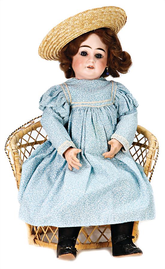 bisque porcelain- ocket head, marked B, fix inset blue paperweight eyes, pierced ears, opened: bisque porcelain- ocket head, marked B, fix inset blue paperweight eyes, pierced ears, opened mouth, line of upper teeth, gentle hairline crack at the back of the head, starting at the top of he