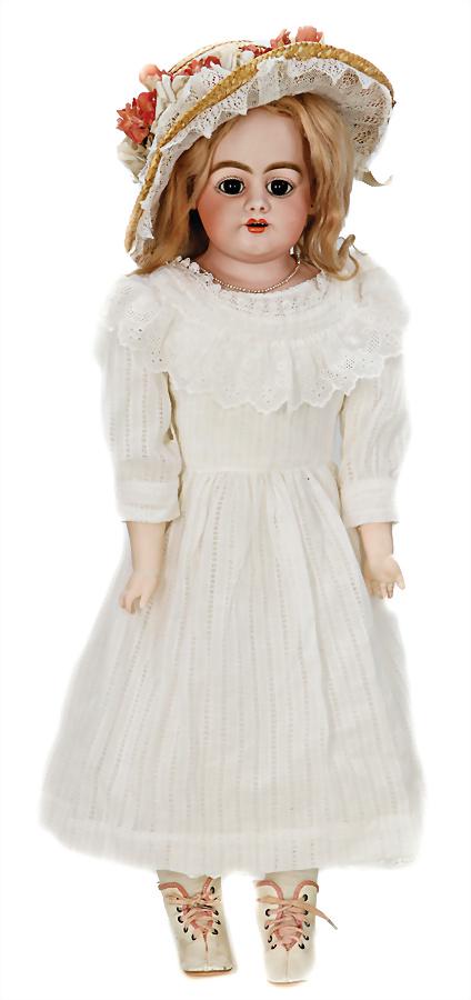 SIMON & HALBIG 1010 DEP, bisque porcelain shoulder headed doll, 60 cm, fix inset brown : SIMON & HALBIG 1010 DEP, bisque porcelain shoulder headed doll, 60 cm, fix inset brown glass eyes, opened mouth, upper teeth, dimple at chin, pierced ears, leather body, bisque forearms, bod