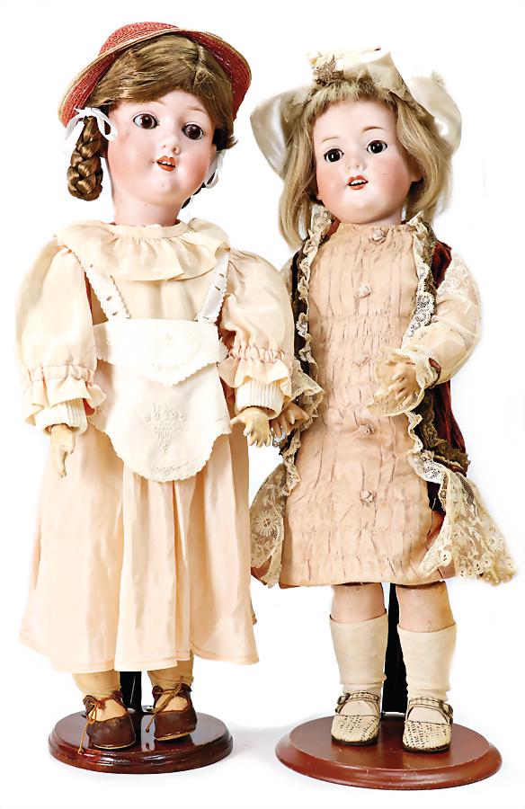 2 pieces, dolls, ARMAND MARSEILLE, 390, 49 cm, bisque socket head, brown sleepy eyes, opened mouth,: 2 pieces, dolls, ARMAND MARSEILLE, 390, 49 cm, bisque socket head, brown sleepy eyes, opened mouth, upper teeth, dimple at chin, jointed body, clothes sewed of old fabric, old real hair wig, bisque po