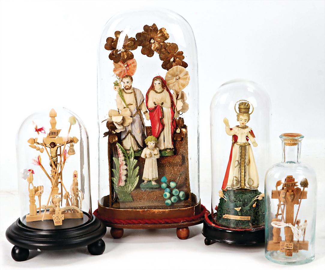3 pieces, in a glass case, holy family, c. 1880, tragacanth, papier mâché with glimmer, (1 of 1)