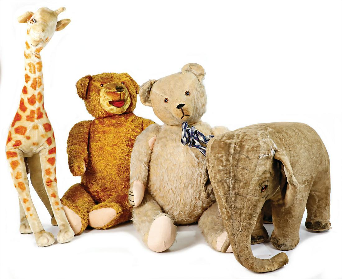 mixed lot elephant, riding animal without rack, 58 cm, 2 big bears, '40s/'50s, partially used, paws (1 of 1)