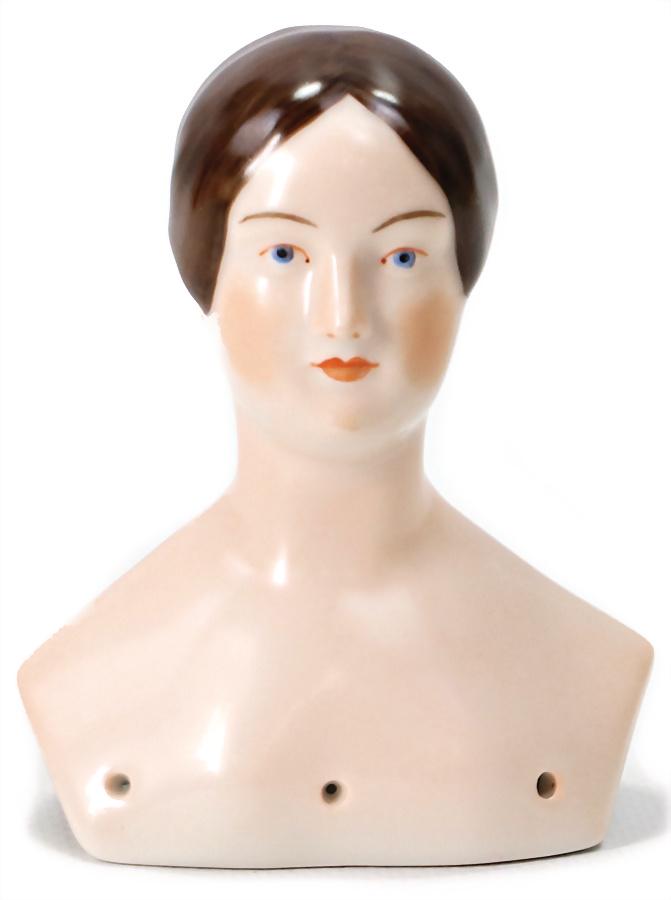 shoulder headed doll, enameled porcelain, marked, height: 9.5 cm German Description: shoulder headed doll, enameled porcelain, marked, height: 9.5 cm German Description Brustblattkopf, glasiertes Porzellan, gem., H: 9,5 cm