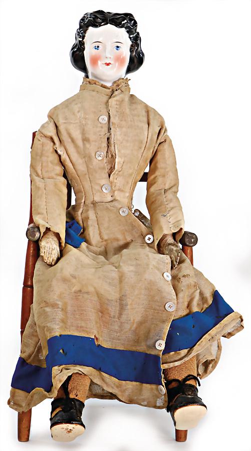 China-Head, enameled porcelain, shoulder headed doll, Biedermeier, 55 cm, fine modelled hair, blue (1 of 1)