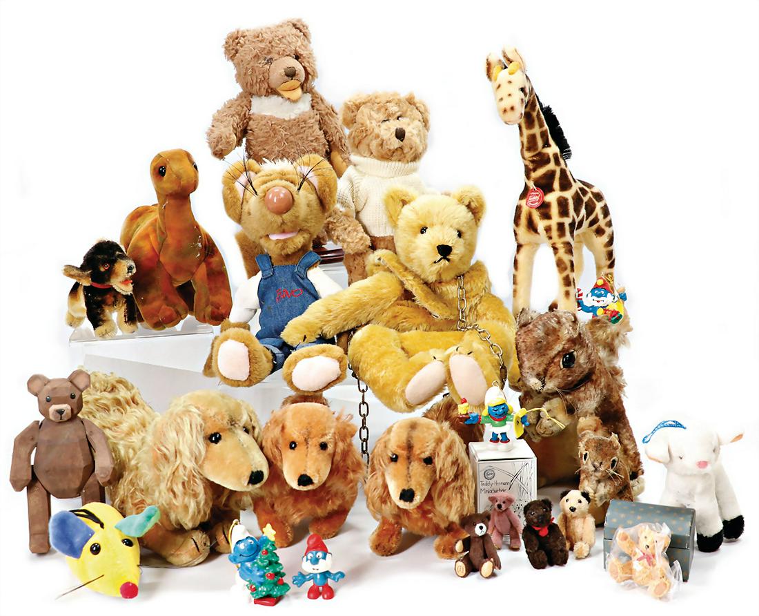 mixed lot of cuddly toys, different manufacturers, more recent production, with some pieces STEIFF,: mixed lot of cuddly toys, different manufacturers, more recent production, with some pieces STEIFF, '50s-'60s, partially with button, or chest label, 1 Waldi complete German Description Konv. Stofftie