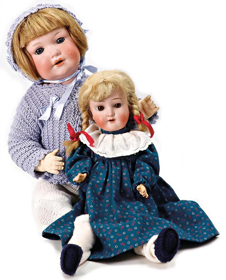 2 pieces, bisque porcelain head dolls, ARMAND MARSEILLE, 971, 39 cm, socket head, blue sleepy eyes,: 2 pieces, bisque porcelain head dolls, ARMAND MARSEILLE, 971, 39 cm, socket head, blue sleepy eyes, opened mouth, upper teeth, baby with sitting body, real hair wig, fix glued on, from outside a