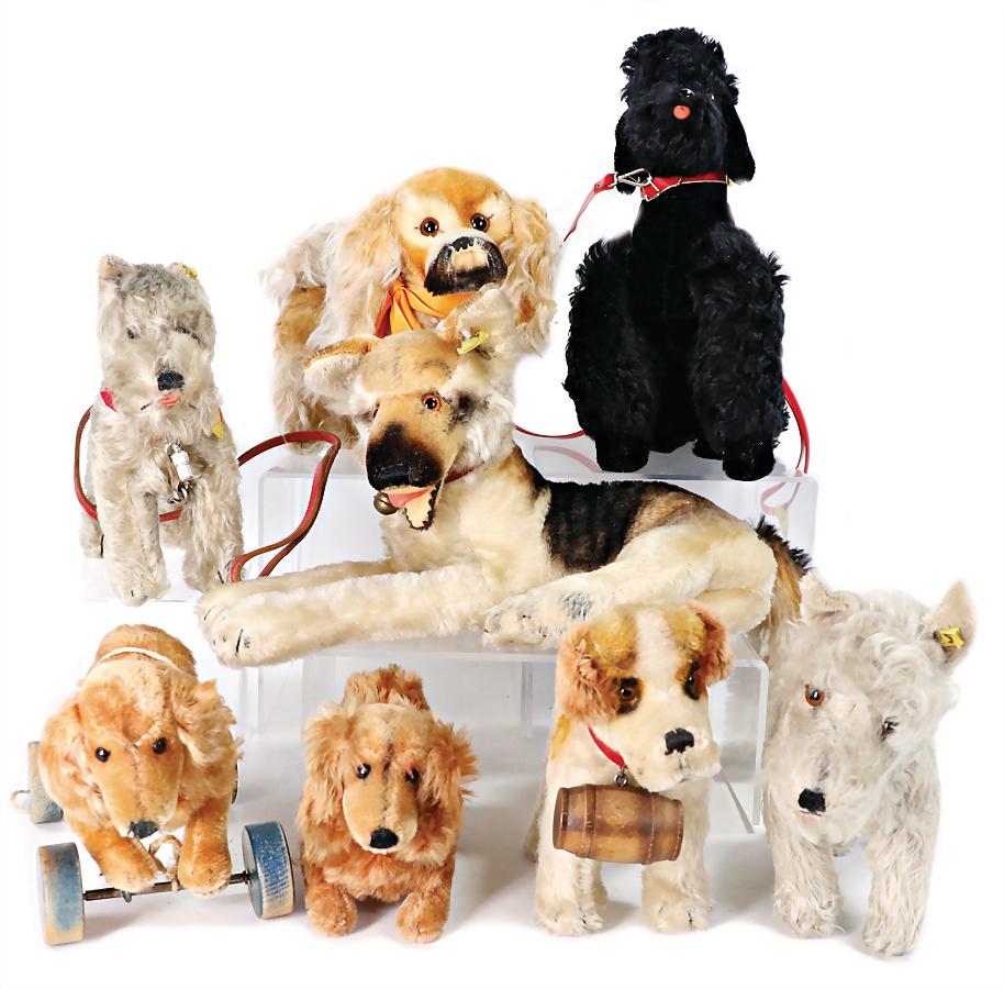 STEIFF mixed lot of dogs, Tessie, button, chest label and  rests of the  cloth tag label, height: 23 (1 of 1)