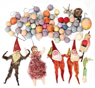 Christmas tree decoration, cotton wool chain, c. 1 m, bird without feet, 2 Santa Clauses, mass face, (1 of 1)