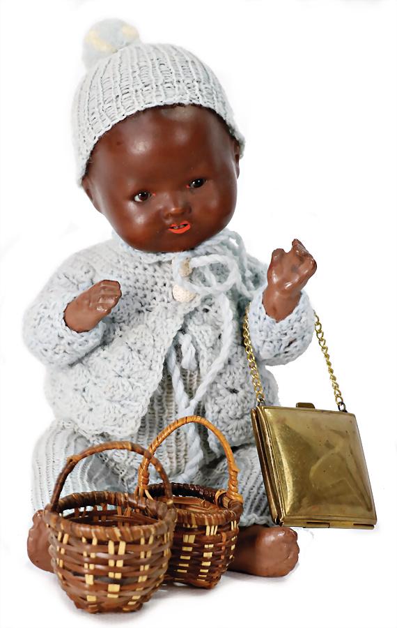 ARMAND MARSEILLE 351, colored Dream-baby, 22 cm, full head, brown sleepy eyes, opened mouth, lower: ARMAND MARSEILLE 351, colored Dream-baby, 22 cm, full head, brown sleepy eyes, opened mouth, lower teeth, dark toned baby with sitting body, please note that it is risky to transport the eye mechanism