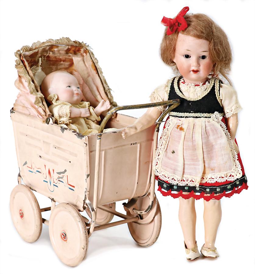 small doll's pram, sheet metal, height: 16.5 cm, original-hood, small all-bisque baby, small bisque (1 of 1)