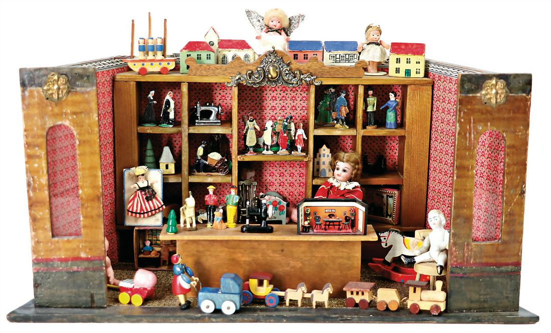 small shop, without drawers, furnished like a toy shop, width: 38 cm, nice size, old paint outside, (1 of 1)
