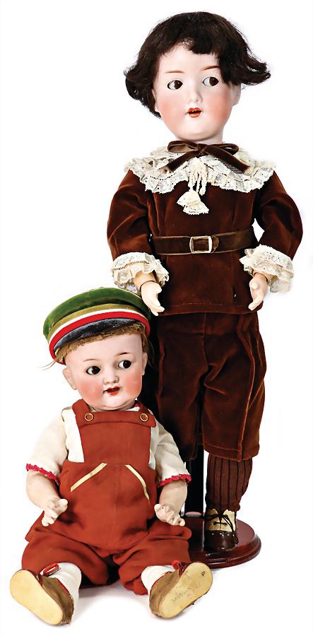 2 pieces dolls, HEUBACH 342, 36 cm, brown impish eyes, opened mouth, teeth and tongue, standing: 2 pieces dolls, HEUBACH 342, 36 cm, brown impish eyes, opened mouth, teeth and tongue, standing baby body, old clothes, old shoes, old mohair wig, strongly hairloss, ARMAND MARSEILLE, 390, 48 cm
