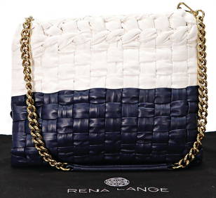 BOTTEGA VENETA handbag, (also as clutch) dark-blue and white braided leather, gold colored removable (1 of 3)