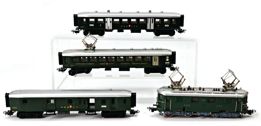 MÄRKLIN H0, 4 pieces, electric-locomotive, Swiss Railways, SBB, SFF427, second class car 348-1, (1 of 1)