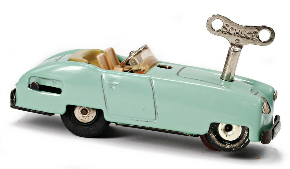 SCHUCO patent Varianto convertible, item-No. 3045, with minimally scratches on the paintwork,: SCHUCO patent Varianto convertible, item-No. 3045, with minimally scratches on the paintwork, otherwise good condition, clock mechanism is intact, turquoise, 11 cm, Made in Western Germany German Desc