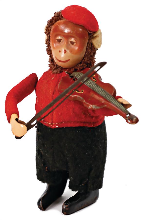 SCHUCO dancer, monkey with violin, felt clothes, good condition, clock mechanism is intact, 11 cm (1 of 1)