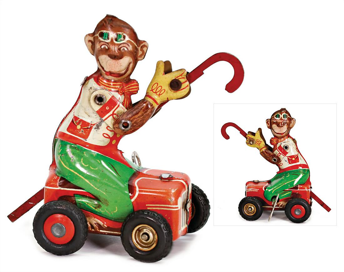 JH Jean Höfler monkey in a car, sheet metal, lithographed, 9.5 cm, clock mechanism is intact, (1 of 1)