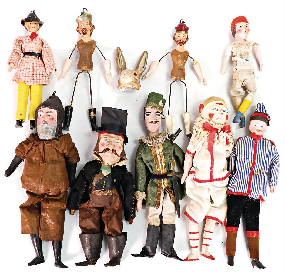 early Punch and Judy show figures, 2x undressed, papier mâché huntsman, modelled (1 of 1)