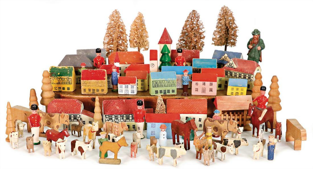 ERZGEBIRGE mixed lot in a box made of chipboard, rustic scene, riders, animals, Luffa-trees, and (1 of 1)