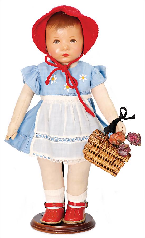 KÄTHE KRUSE doll No., VII, around 1930, fabric head, 3 clearly visible seams at the back of the: KÄTHE KRUSE doll No., VII, around 1930, fabric head, 3 clearly visible seams at the back of the head, blue painted eyes, nose was colorwise retouched, fabric body with broad hip, separate sewed o