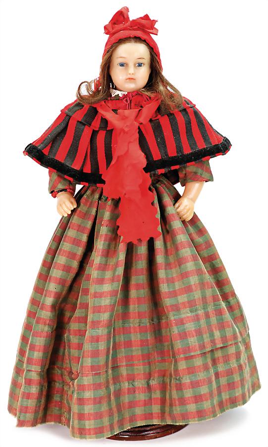 probably Meech wax shoulder headed doll, around 1860, fix inset blue glass eyes, closed mouth,: probably Meech wax shoulder headed doll, around 1860, fix inset blue glass eyes, closed mouth, gentle real hair brows inset in patches , and single inset real hair, wax forearms and legs, fabric