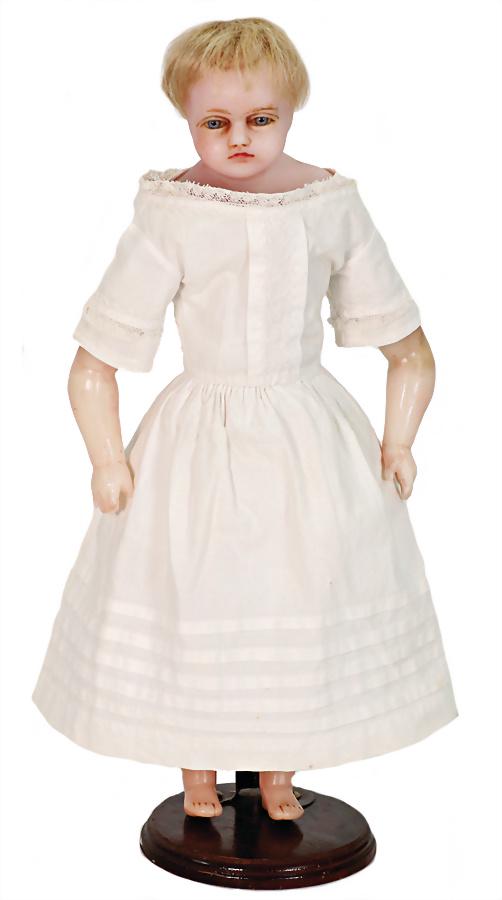 wax shoulder headed doll, 40 cm, single inset mohair, fix inset blue glass eyes, fabric body,: wax shoulder headed doll, 40 cm, single inset mohair, fix inset blue glass eyes, fabric body, wax arms and legs, arms were retouched, old clothes German Description Wachs-Brustblattkopf-Puppe, 4