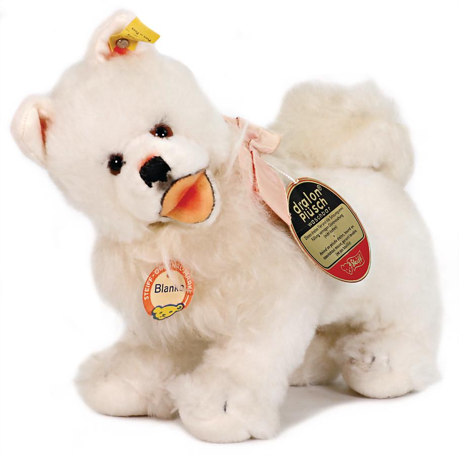 STEIFF dog, Cosy Spitz, blank, produced around 1960, with button chest label and cloth tag label, (1 of 4)