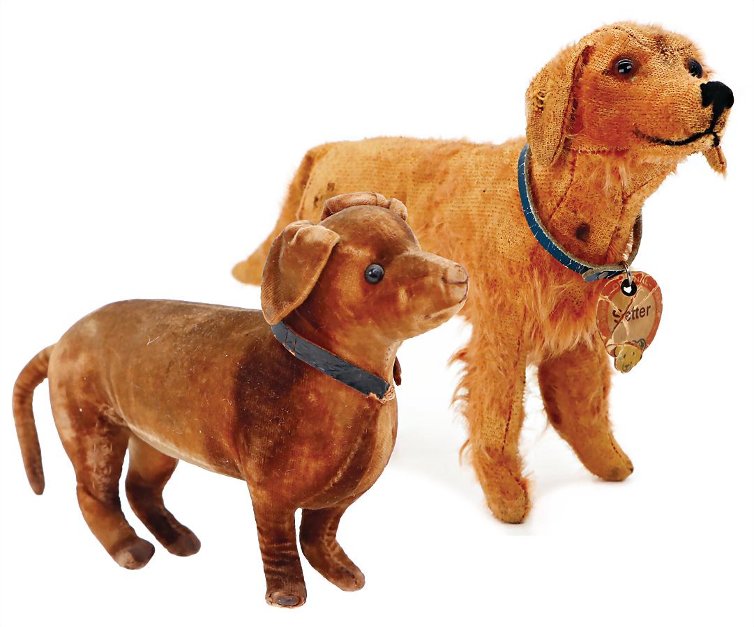 STEIFF dog, setter, massive mohair loss, with breast sign, standing height 18 cm, worn condition, (1 of 6)