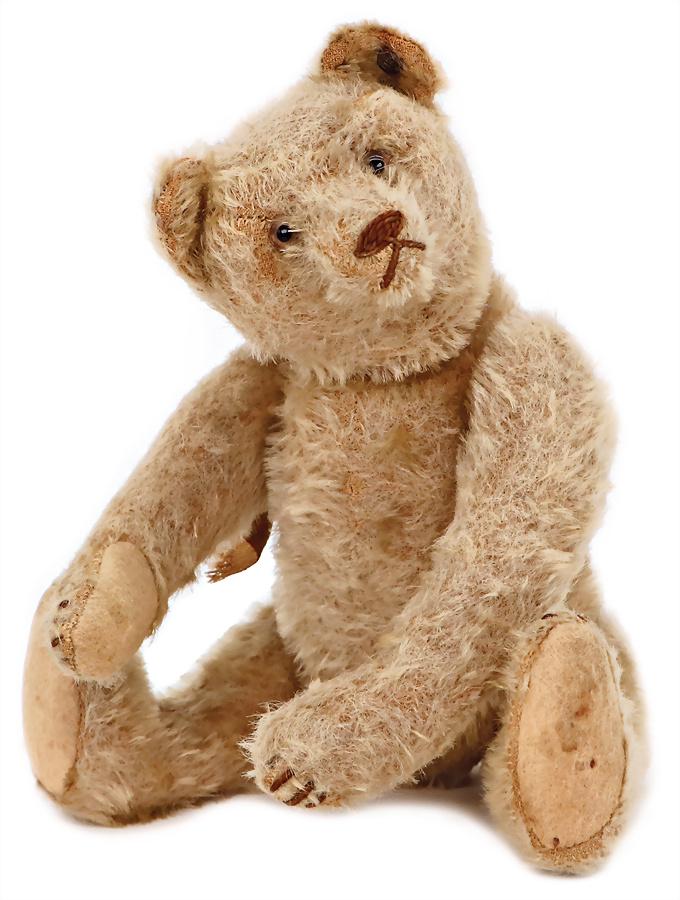 STEIFF bear, c. 1930, glass eyes, with button, block letters, long trailing f, bright embroidering (1 of 6)