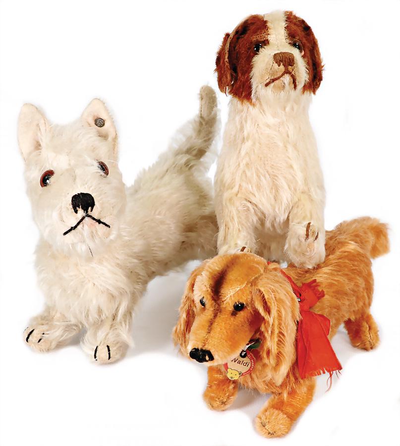 STEIFF mixed lot with 3 pieces, pre-war era dogs, 1x Sealyham, with button, block letters, long (1 of 2)