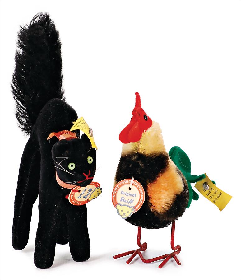 STEIFF 2 pieces, 1x '50s cat with arched back, with button, chest label and  cloth tag label, very (1 of 2)