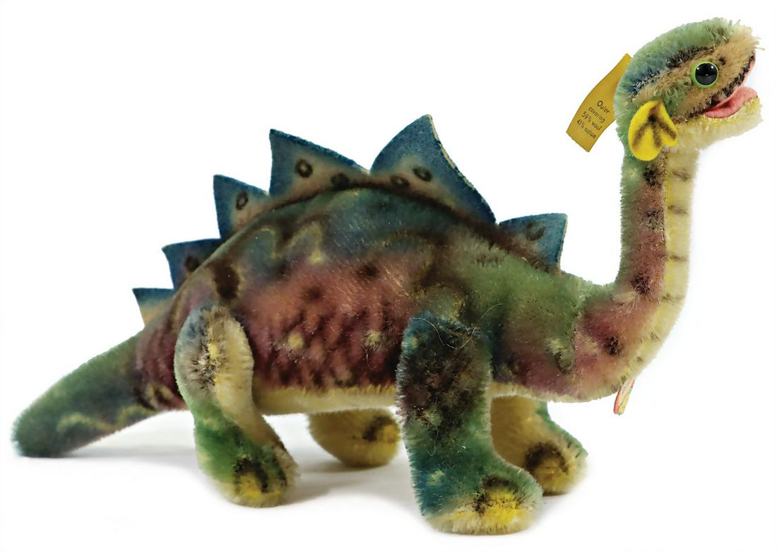 STEIFF dinosaur, Stegosaurus, produced as US-exclusive product between 1958 and 1959, with button (1 of 4)