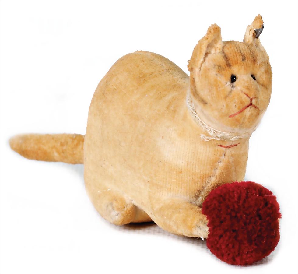 STEIFF cat, produced around 1923-27, velvet, height: 6 cm, length: with tail 10 cm, with button, (1 of 4)