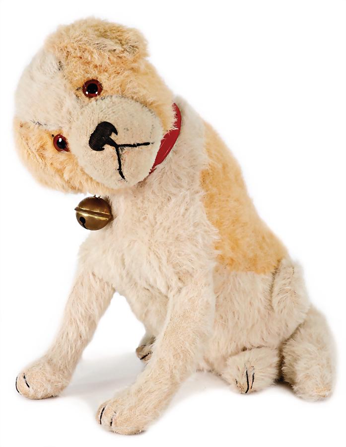 STEIFF dog, St. Bernhard, produced 1929-1932, sitting, seat height: 33 cm, swivel head, wool plush, (1 of 4)