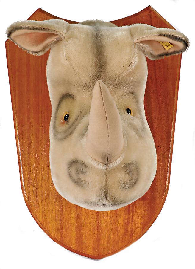 STEIFF rhinoceros trophy, with button and cloth tag label No. 60, (large size), producedonly 1958 (1 of 3)
