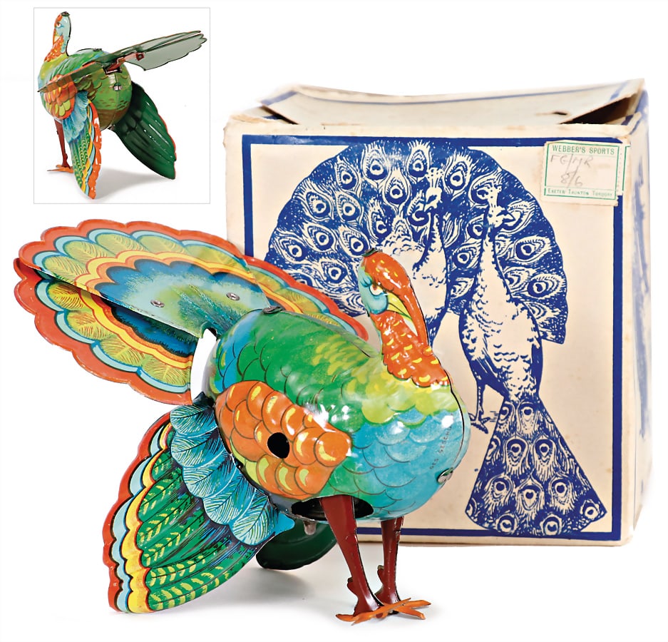BLOMER & SCHUELER turkey, sheet metal, lithographed, good condition, Made in US-zone Germany, in: BLOMER & SCHUELER turkey, sheet metal, lithographed, good condition, Made in US-zone Germany, in original box, box is caused of old age in worn condition, otherwise good, clock mechanism is intact