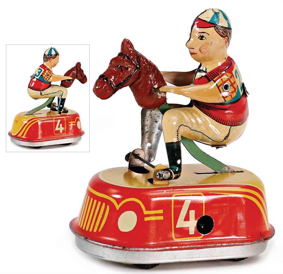 GÖSO hobby horse with rider, sheet metal, lithographed, with minimally scratches on the: GÖSO hobby horse with rider, sheet metal, lithographed, with minimally scratches on the paintwork, Made in Germany US-zone, height: 10 cm, clock mechanism is intact German Description GÖSO S