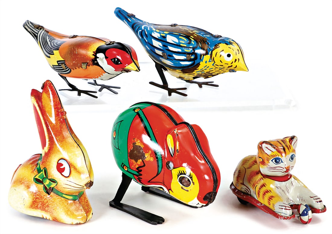 mixed lot with 5 pieces, LEHMANN and others, 2 sparrows, 1 cat with ball, 2 hares, sheet metal,: mixed lot with 5 pieces, LEHMANN and others, 2 sparrows, 1 cat with ball, 2 hares, sheet metal, lithographed, good - used condition, HoppHopp hare, 918, Made in Western Germany, Fips-hare, clock mecha