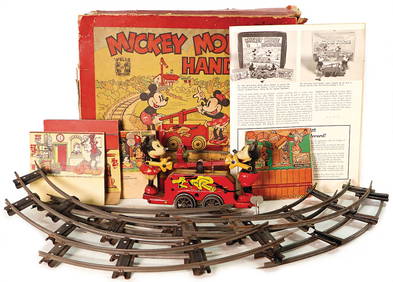 Wells, London, Mickey Mouse, Handcar, "Draisine", lithographedsheet metal, with 2 celluloid-figures, (1 of 1)