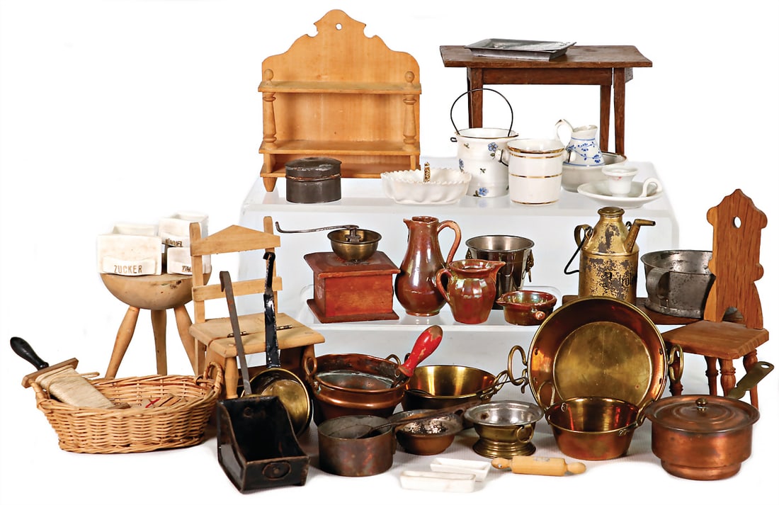 nice mixed lot of doll kitchen parts, paraffin can, coffee grinder, champagne bucket, bowls, sieve, (1 of 1)