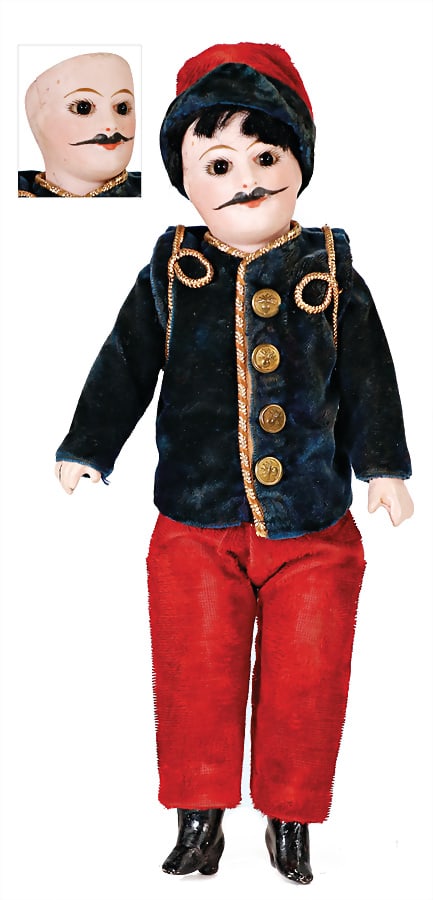 bisque porcelain head doll, 22.5 cm, socket head, fix inset dark glass eyes, closed mouth, modelled (1 of 1)