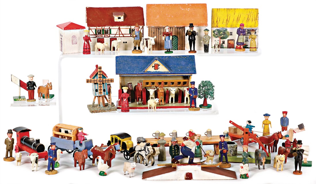 ERZGEBIRGE mixed lot of miniatures, figures, vehicles, windmill, small station, stable, with 1 table (1 of 1)