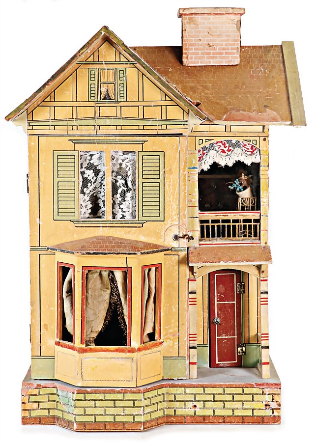 probably GOTTSCHALK dollhouse, height: 58 cm, width: 36 cm, covered entrance stuck with multicolored (1 of 4)