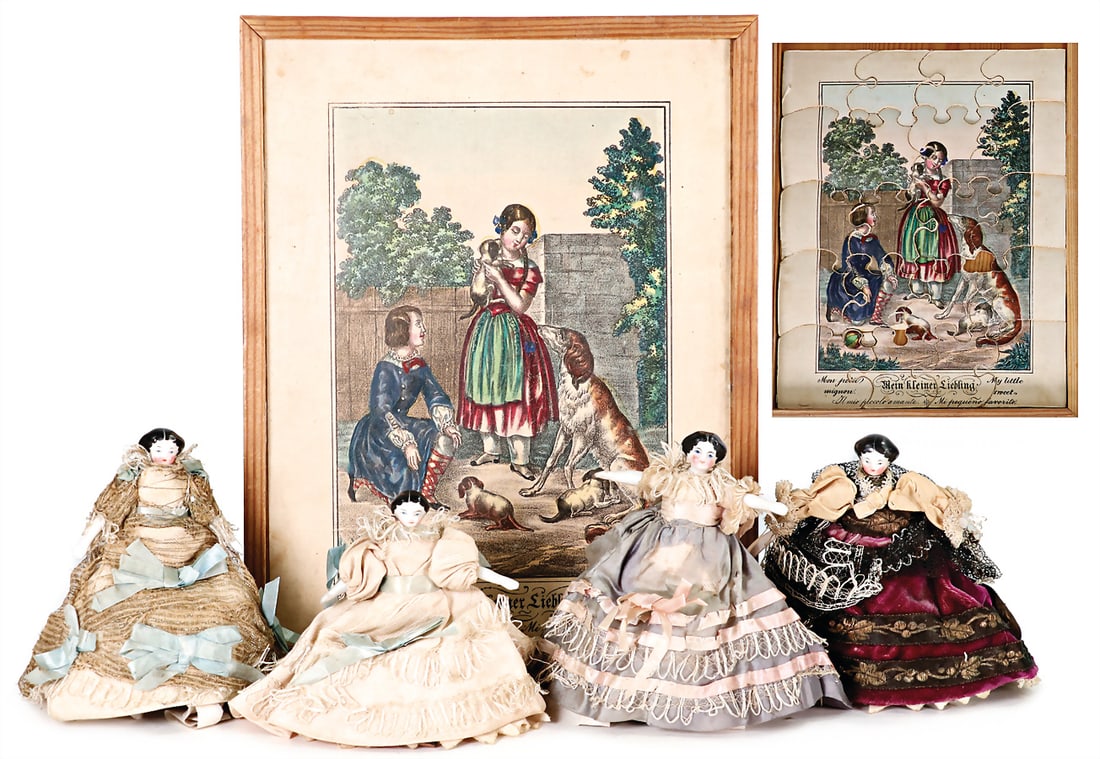 handcoloured print, "Mein kleiner Liebling", scene with dogs, framed, 23x18 cm, 4 small Biedermeier (1 of 1)