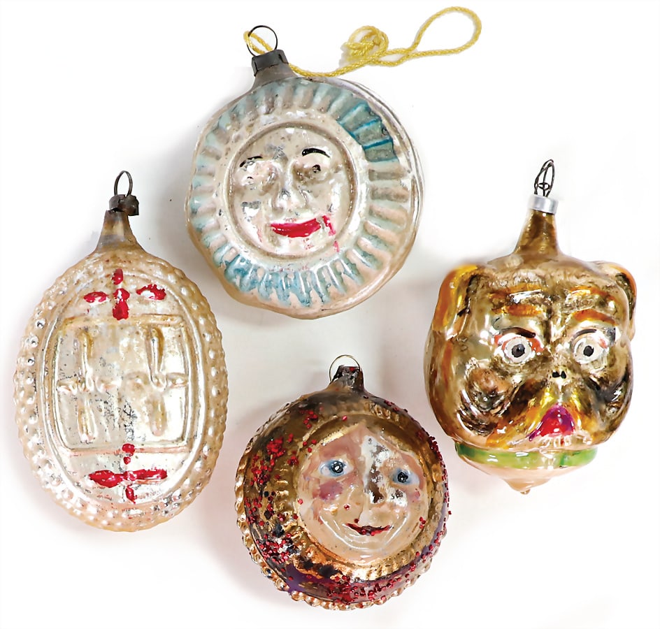Christmas tree decoration, glass, 4 pieces, sun, dog head, oval ball   German Description (1 of 1)