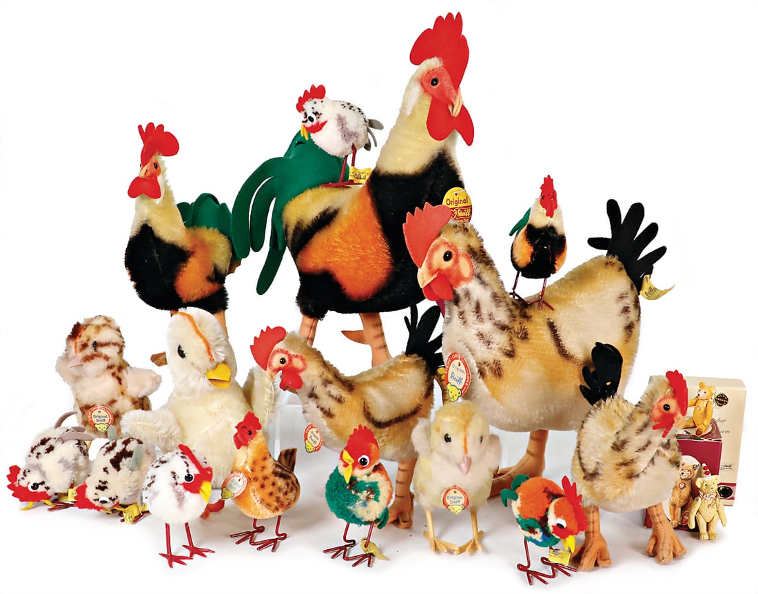 STEIFF mixed lot of chickens, cock and  chick, 6 wool miniatures, 2x chick, cock and  hens in (1 of 1)