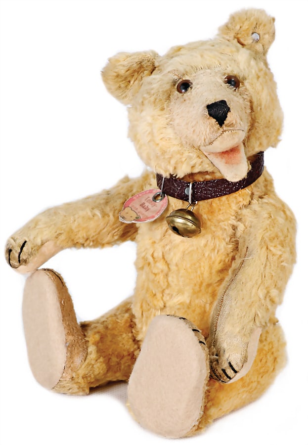 STEIFF teddy baby, with shiny button, synthetic silk plush, stronger used, breast sign very blurred (1 of 4)