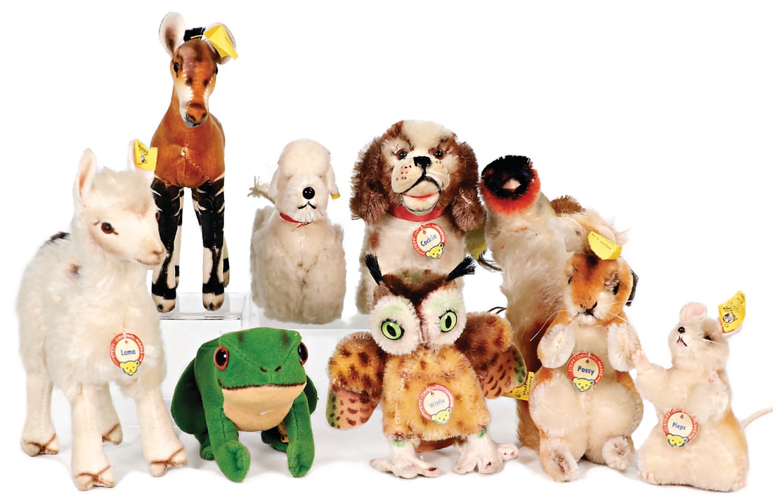 STEIFF mixed lot with 9 pieces, '50s, unused condition, among it Pieps, and Possy, with button, (1 of 1)